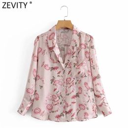 Women Fashion Pink Flower Print Casual Chiffon Smock Blouse Office Ladies Long Sleeve Shirts Chic Blusas Tops LS7678 210420