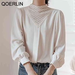 Korean Sweet Loose Clothes Lace Up Puff Sleeve Women Blouses Fashion Stand Collar Ladies Tops Vintage Shirts 210601