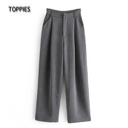 Toppies Woman Grey Suit Pants High Waist Wide Leg Pants Female Elegant Full Length Trousers Casual Streetwear 210412