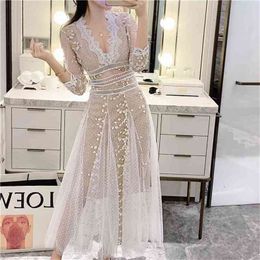 Autumn Mesh Embroidery Dress Woman V-neck White patch Elegant maxi dress party Female lace embroidery vestidos spring 210603