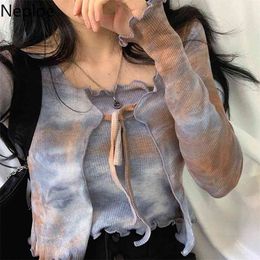 Tie Dye T Shirts Women Fashion O Neck Long Sleeve Female Tops Summer Casual Lace Up Ladies Tees+Camis 1C610 210422