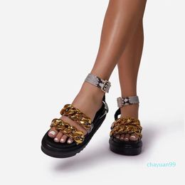 2021 Black thick soled women's summer sandals metal chain decoration outdoor sandals casual women's beach slippers