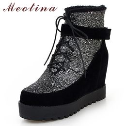 Winter Ankle Boots Women Glitter Height Increasing High Heel Short Lace Up Round Toe Shoes Lady Autumn Size 34-43 210517