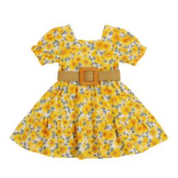 Citgeett Summer Kids Girls Casual Clothes Set Yellow Square Collar Short Sleeve Dress Belt Waistband Clothing Q0716
