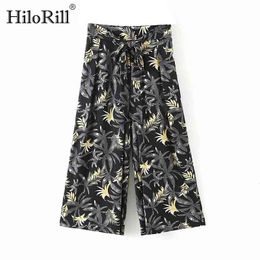 Casual Printed Wide Leg Pants Women Chic Bow Tie Knitted Pleated Trousers Female Loose Solid Holiday Pantalones 210508