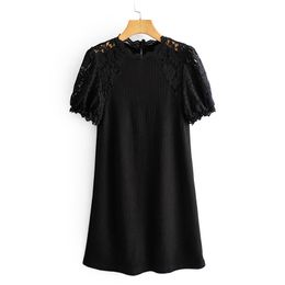 Vintage Lace Sleeve Spliced Elastic Casual Women Fashion O Neck Dresses Dress Elegant Ladies Batwing Sleeve Mini Dresses 210520