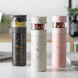 Creative Stainless Steel Thermos Cup Vacuum Flask Heat Preservation Tea Strainer Separation Infuser With Button Portable Mug 210615