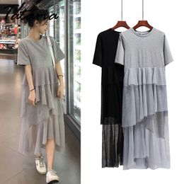 Tataria Short Sleeve T-shirt Dress Women Ruffles Lace Mesh Patchwork O-Neck Loose Casual Long High Street 210514