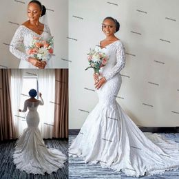 2021 Mermaid Bellanaija Wedding Dresses Long Sleeves V Neck Lace Aso Ebi african Bridal Wedding Gowns Plus Size With Train