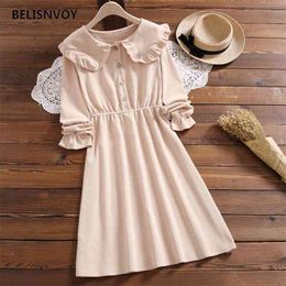 Japanese Mori Girl Spring Autumn Women Dress Peter Pan Collar Apricot Pink Lace Up Vestidos High Waist Kawaii Corduroy Dresses 210520