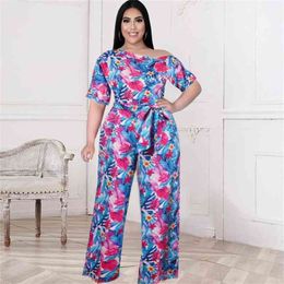 Bodycon Jumpsuits for Women Summer Off Shoulder Short Sleeve High Waist Floral Print Outfit Plus Size Overalls Fashion 210527