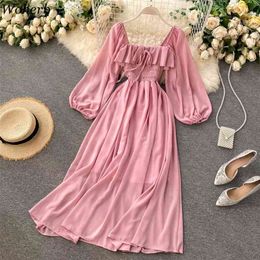 Woherb Chic Elegant Square Collar Maxi Dres Solid Chiffon Puff Sleeve Dresses Korean Fashion Vintage Ruffle Vestidos 210623