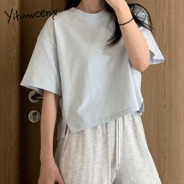 Yitimuceng Casual T-shirts Women Oversized Simple Top Short Sleeve O-Neck Light Blue Summer Cotton Korean Fashion Shirts 210601