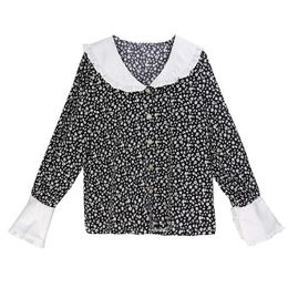 PERHAPS U Black Shirt Button Floral Print Ruffle Peter Pan Collar Flare Long Sleeve Top Korea Japan B0757 210529