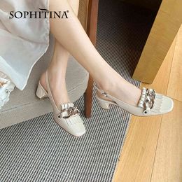 SOPHITINA Pumps Shoes Women Mid Heels High Quality Genuine Leather Stylish Square Toe Spring Autumn Chain Slingback Pumps FO219 210513