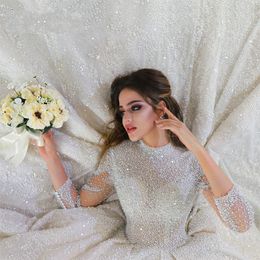 Bridal Gown Arabic Dubai 2022 Luxury A-line Lace Wedding Dress Illusion Full Beading Pearls Sleeves vestidos de noiva robe de mariage