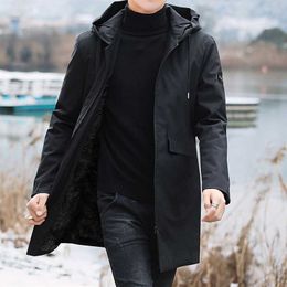 Plus Size Men's Winter Warm Jacket Fleece Parka Coat Black Hooded Windbreaker Outwear Fleec Jacket Long Parkas 8XL 211204