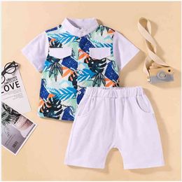 Summer Children Sets Casual Short Sleeve Single Breasted Print T-shirt White Solid Shorts 2Pcs Girl Boys Clothes Set 18M-6T 210629