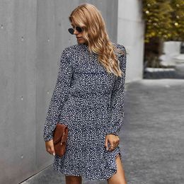 Jastie Elegant Floral Print Long Sleeve Women Dresses Autumn Casual Stand Neck Ruffle Mini Dress Vintage Boho Vestidos 210419