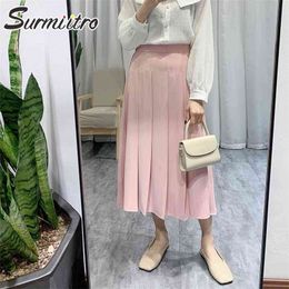 Super Quality Spring Summer Midi Skirt Women Korean Style Pink High Waist Sun Office Pleated Female OL 210421
