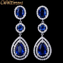 American Water Drop Cubic Zirconia Pave Long Dark Blue Bridal Wedding Earings For Brides Jewelry Accessories CZ209 210714