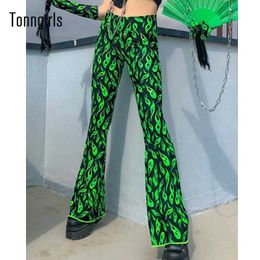 Tonngirls Y2k Vitnage Pants High Waist Long Green Flare Streetwear Festival Sexy Female Punk Summer 2021 Q0801