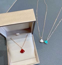 V gold fan shape pendant necklace with nature white shell turquoise red agate black and sparkly diamond for women wedding Jewellery gift have box stamp PS3250A