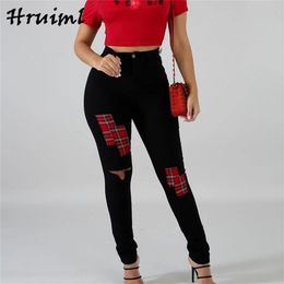 Women Jeans Pants Fashion Sale Casual Skinny Patchwork Plaid Trousers Button Placket with Zipper for 210513