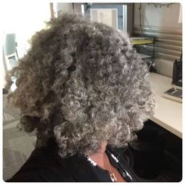Short gray kinky curly afro wig for women non lace machine made salt and pepper human hair wig