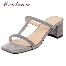 Women Slippers Natural Genuine Leather High Heel Slides Square Toe Block Heels Lady Shoes Summer Sandals Female Apricot 210517