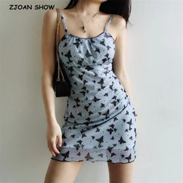 Vintage Sliced Lace edged Mesh Print Spaghetti Strap Short Dress Retro Sexy Women With Lining Sling Mini Dresses Holiday 210429