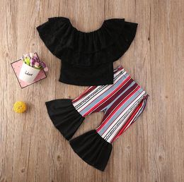 Toddler Baby Girl Clothing Sets Solid Color Off Shoulder Lace Ruffle Tops Striped Long Pants 2Pcs Outfits Clothes