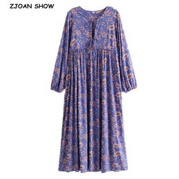 Spring Bohemia Bandage Lacing up Collar Blue Floral Print Dress BOHO Woman Long Sleeve Ankle Length Holiday Dresses Beach 210429