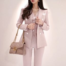 Office Ladies Striped 3 Pieces Set Double Breasted Slim Blazer & Patchwork Tops & High Waist Pants Women Pant Suits 210514