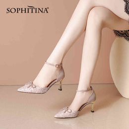 SOPHITINA Party Women's Pointed Toe Shoes Bow Decoration Sweet Lady Shoes Shallow Mouth Ankle Buckle Leather Female Pumps AO284 210513