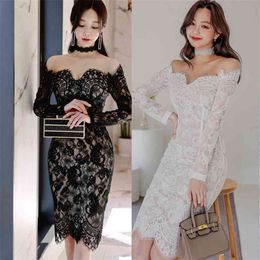 Off shoulder Korea Ladies long Sleeve Slash neck Sexy Club Office Midi Lace Party Dresses for women clothing 210602