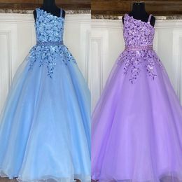 Little Miss Pageant Dress for Teens Juniors Toddlers 2021 Beading Sequins Lace Sky-Blue Light-Purple Long Girls Prom Gown Formal Party rosie Zipper-Back One-Shoulder