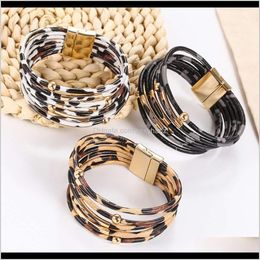 Charm Bracelets Jewelry Drop Delivery 2021 Alloy Leopard Magnetic Buckle With Beaded Leather Rope And Copper Tube Bracelet Bnctm