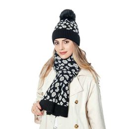 Leopard Beanie Hat Scarf Set for Women Soft Knitted Warm Casual Two-pieces Warmer Autumn Winter Outdoor Activity