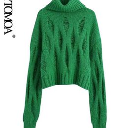 KPYTOMOA Women Fashion Loose Ripped Green Crop Knit Sweater Vintage High Neck Long Sleeve Female Pullovers Chic Tops 211123