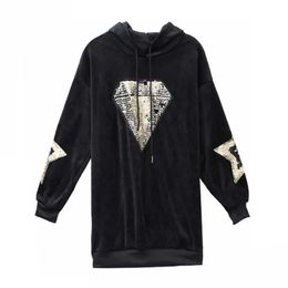 PERHAPS U Women Black Velvet Long Fleece Hooded Dress Sequined Diamond Star Bling Loose Gold Hip Pop Pullover Punk H0042 210529