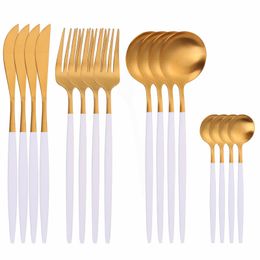 Kitchen Tableware Flatware Stainless Steel Cutlery Spoon Fork Knife Dinnerware Dinner Set White and Gold Dropshipping