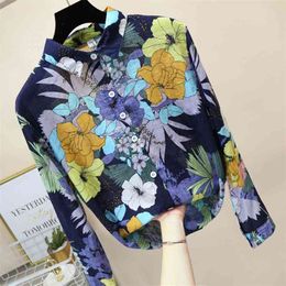 Spring Autumn Fashion Women Long Sleeve Shirts Plus Size Turn-down Collar Vintage Print Loose Casual Shirt Female Blouses D508 210512