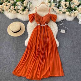 SINGREINY French Pleated Strap Dress Women Sexy V Neck Backless A-line Party Dress Summer Elegant Off Shoulder Beach Maxi Dress 210419