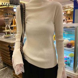 Elegant Lace Patchwork Knit Sweater Women Slim Fit Multicolor Pull Femme Winter Sueter Simple Soft Long Sleeve 210422