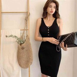 Korean women's sexy suspenders female summer knee-length bottoming vest tight sleeveless dress 210416