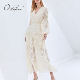 Summer Women Lace Long Sleeve Hollow Out Crochet Tunic Elegant Vacation Party Maxi Dress Plue Size XXXL 210415