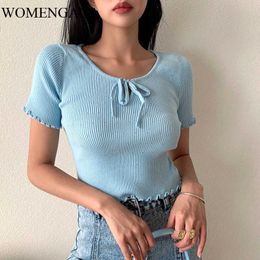 Summer Sexy French Bow Girl Slim Round Collar Shirt Female Knitting Elasticity High Waist Short Top Blouse ZGAE 210603