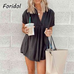 Foridol Short Sleeve Solid Black Dress for Summer Women Casual Loose Mini Dress Female Elegant Boho Beach Vestidos 210415