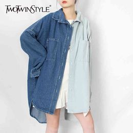 Casual Denim Shirt Women Long Sleeve Asymmetrical Patchwork Blouse Tops Female Autumn Fashion Clothes Big Size 210524